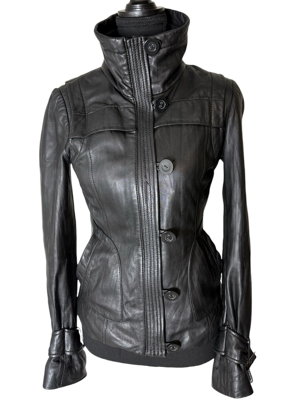 DANIER Vintage Black Leather Jacket Funnel Neck Zipper Buttons Buckle Size 3XS